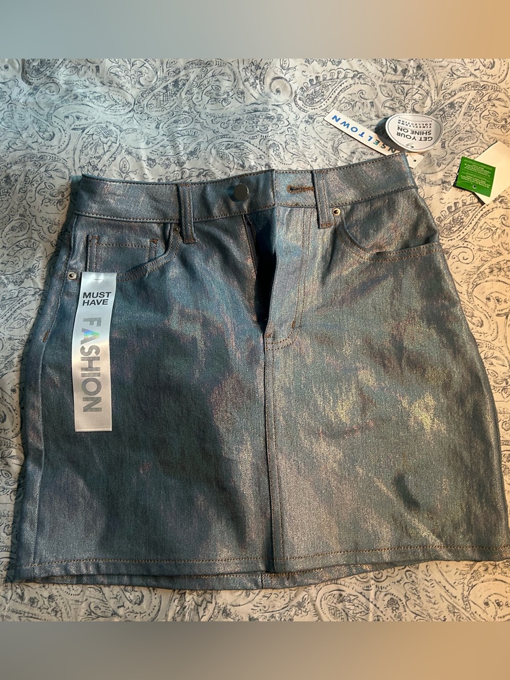 Tinseltown Iridescent Blue Metallic Mini Skirt